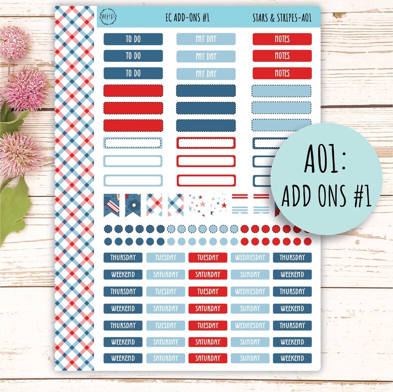Add Ons Stickers for 7x9 Erin Condren Planners. July "stars and Stripes ...
