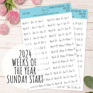 2024 Weken van het Jaarstickers ZONDAG BEGIN voor Planners en Bullet Journals. || F727