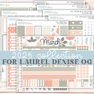 2025 年 3 月 オリジナルサイズの横型および縦型 Laurel Denise プランナー用ステッカー。「Hello Spring」|| OGHS