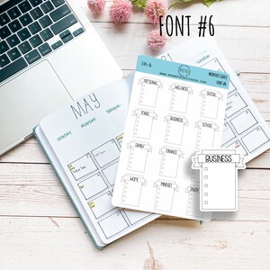 May include: A white sticker sheet with a blue banner at the top that says "MONTHLY GOALS FONT #6". The sticker sheet has 10 different sections with titles like "Personal", "Wellness", "Social", "Travel", "Business", "School", "Family", "Finance", "Work", "Mindset", and "Enjoy". Each section has a banner with the title and a checklist underneath. There is also a separate sticker with a banner that says "BUSINESS" and a checklist underneath.