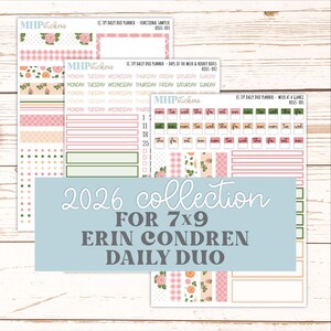 May include: A collection of planner stickers for the Erin Condren Daily Duo, featuring floral and gingham patterns in pink, green, and peach. The stickers include functional samplers, days of the week, and hourly boxes. The text "2026 collection" is displayed.