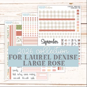 Könnte beinhalten: Ein Set von Planer-Aufklebern mit der Aufschrift 2026 collection for Laurel Denise Large Rose, bestehend aus Bögen mit beigen Vichy-Mustern, korallenroten Streifen, nummerierten Daten, dem Wort September und verschiedenen Symbolen wie einem Sparschwein.