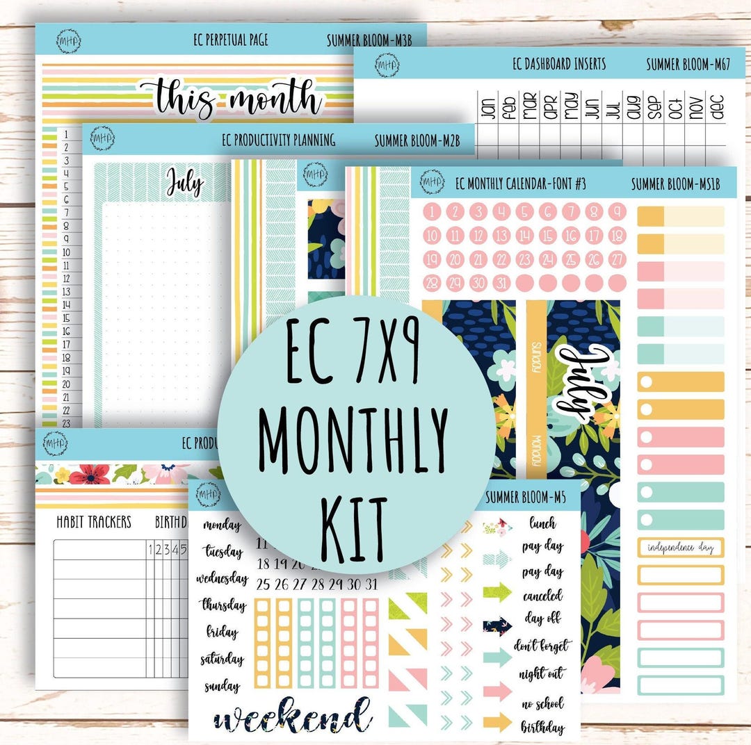 July Monthly Kit Stickers for 7x9 Erin Condren Planners. "summer Bloom ...