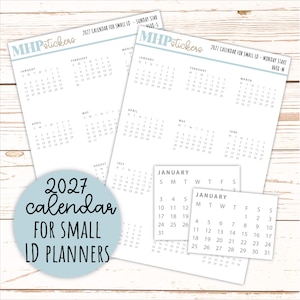 May include: Two white sticker sheets featuring 2027 calendars for small LD planners, one with a Sunday start and one with a Monday start. Each sheet includes the MHPstickers logo and text. Two smaller individual January 2027 calendar stickers are also shown.
