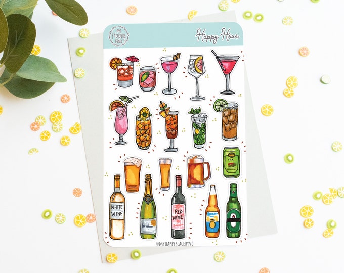 Happy Hour Sticker Sheet. Cocktail Drinks and Beer Stickers. Stickers for Bullet Journal, Planners, and Scrapbooking || HO910