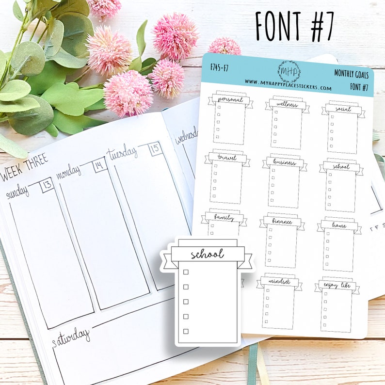 May include: A set of printable monthly goal stickers with a banner design. The stickers feature a variety of categories, including personal, wellness, social, travel, business, school, family, finance, home, mindset, and enjoy life. The stickers are designed in a simple, minimalist style with a handwritten font.