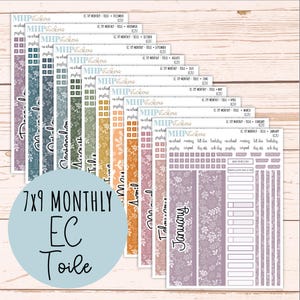 May include: A collection of planner stickers with floral designs and monthly labels. The stickers are in various colors, including purple, green, and orange. The text "7x9 MONTHLY EC Toile" is visible.