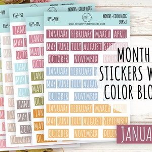 May include: A set of month stickers with color blocks in various pastel colors. The stickers feature the months of the year, including January, February, March, April, May, June, July, August, September, October, November, and December. The stickers are perfect for planners, journals, and other creative projects.