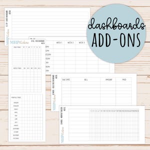 May include: A collection of white planner inserts with various layouts, including daily, weekly, and monthly task lists, and a bill tracker. The image also features a light blue circle with the words "dashboards ADD-ONS".