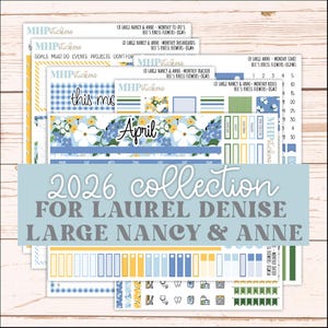 May include: A collection of planner stickers with floral and geometric designs in blue, yellow, and white. The stickers include labels, trackers, and monthly dashboards. The text "2026 Collection" and "April" are visible.