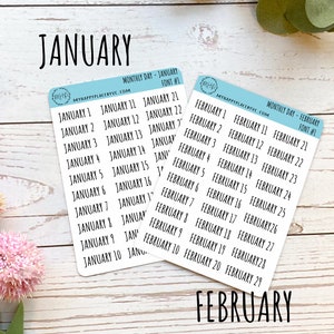 Dagen van het jaarplannerstickers. Maand- en nummerdag voor planners en bullet journals. || Q104