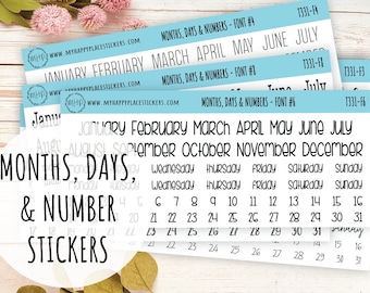 Months, Days, and Number Stickers for Planners, Organizers and Bullet Journals || T331