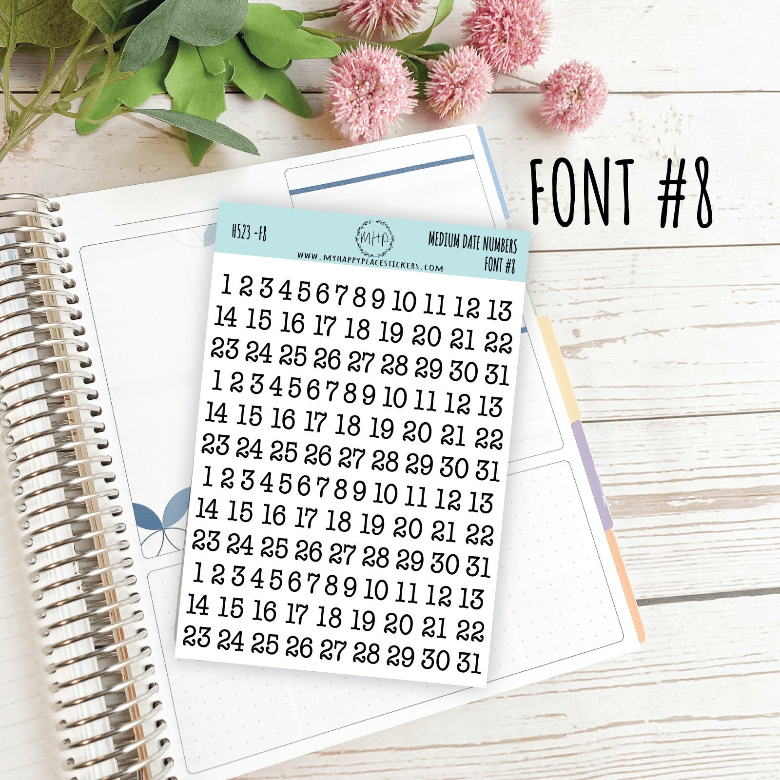 Medium Date Number Stickers for Planners, Organizers and Bullet Journals.  College Planner. 8 Fonts to Choose From H523 