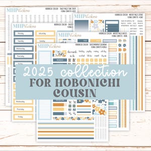 May include: A collection of 2025 planner stickers for the Hobonichi Cousin planner. The stickers feature a floral design with blue, yellow, and brown colors. The stickers are designed for daily, weekly, and monthly planning.