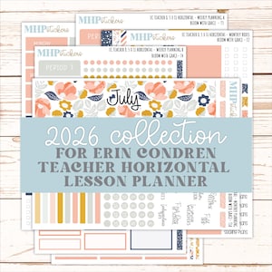 May include: A collection of planner stickers for the 2026 Erin Condren Teacher Horizontal Lesson Planner. The stickers feature floral designs, geometric patterns, and the word "July". The color palette includes peach, navy, gold, and white.