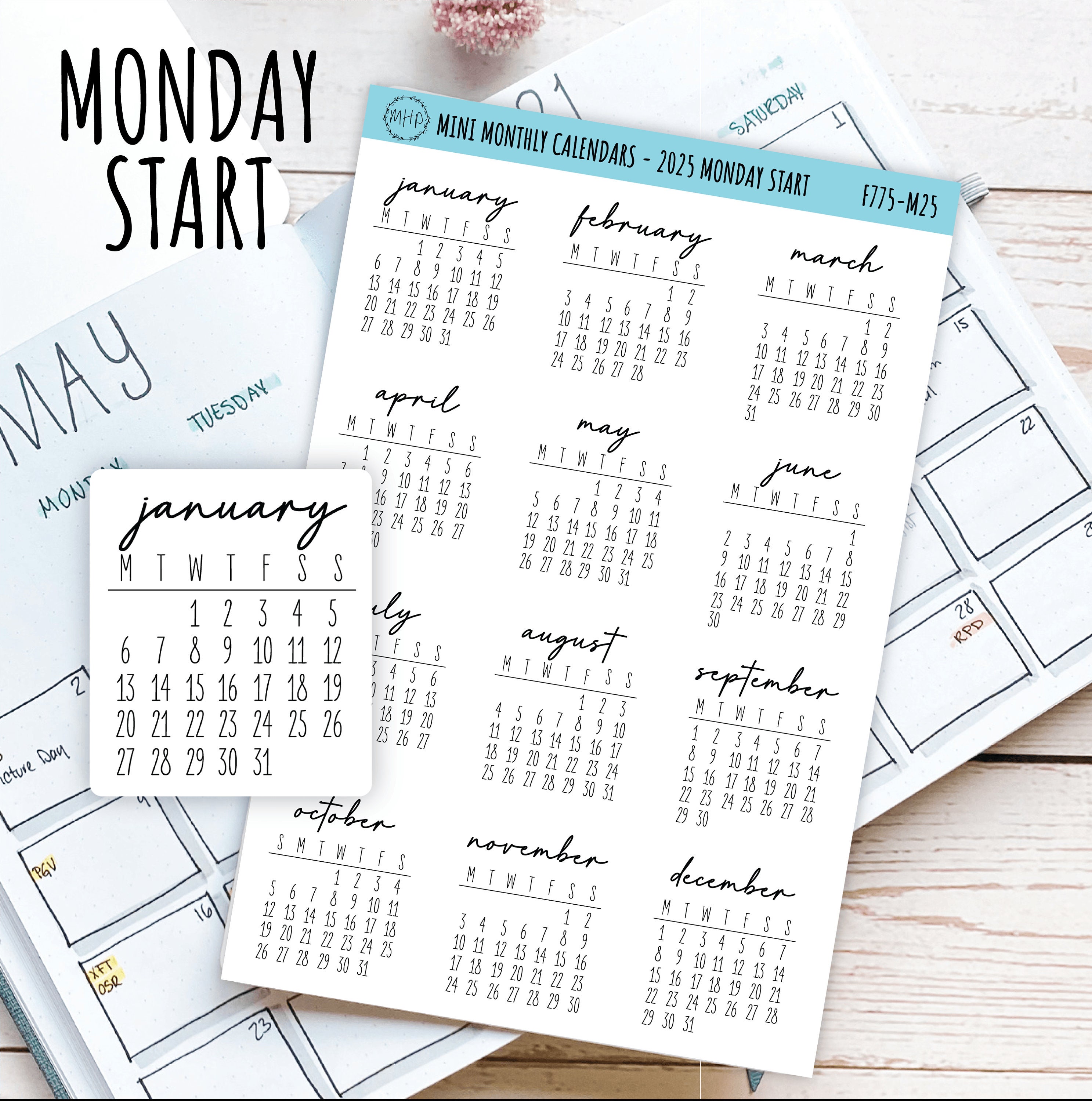 Mini 2025 Calendar Stickers for Planners and Bullet Journals