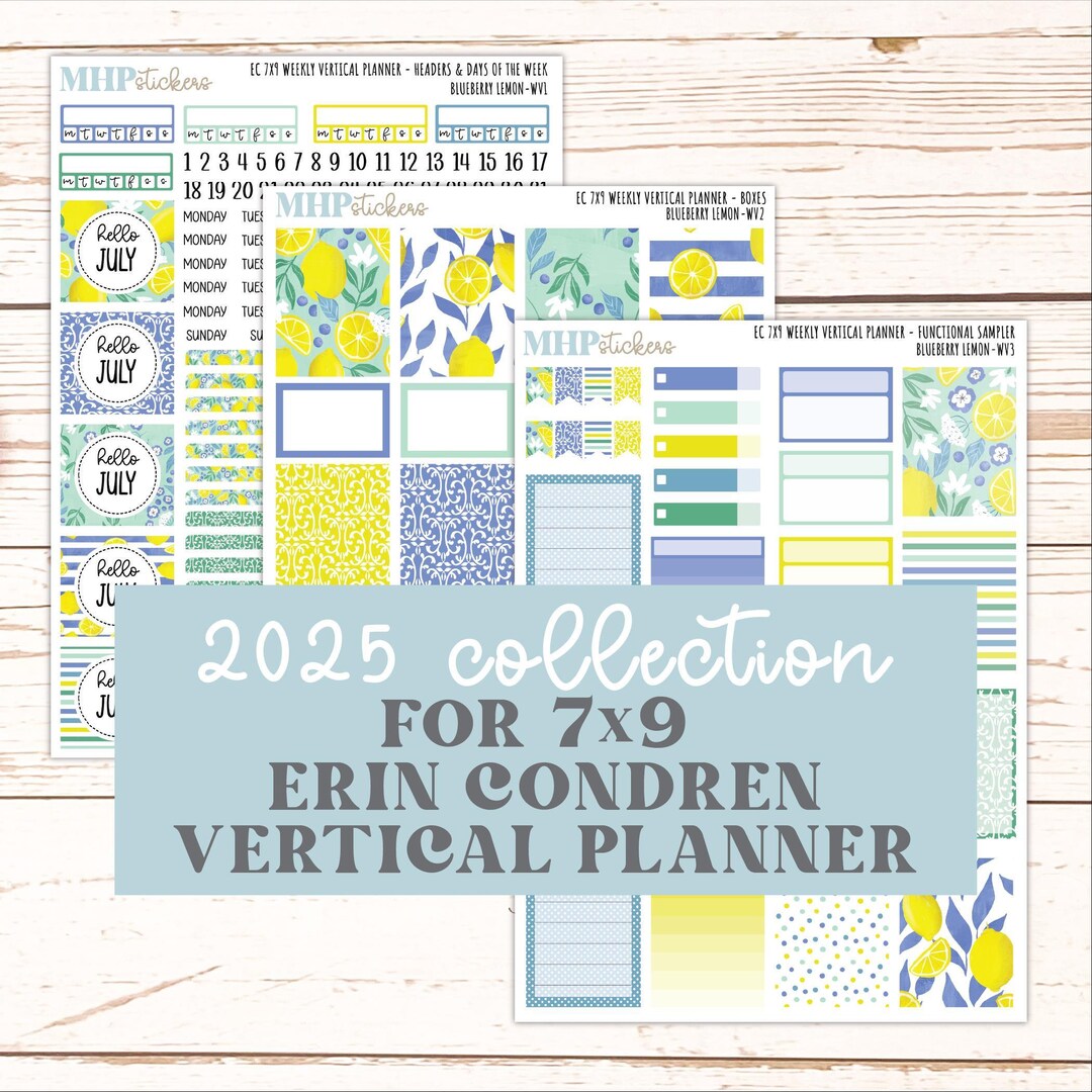 JULY Weekly Vertical Kits for 7x9 Erin Condren Planners. "blueberry ...