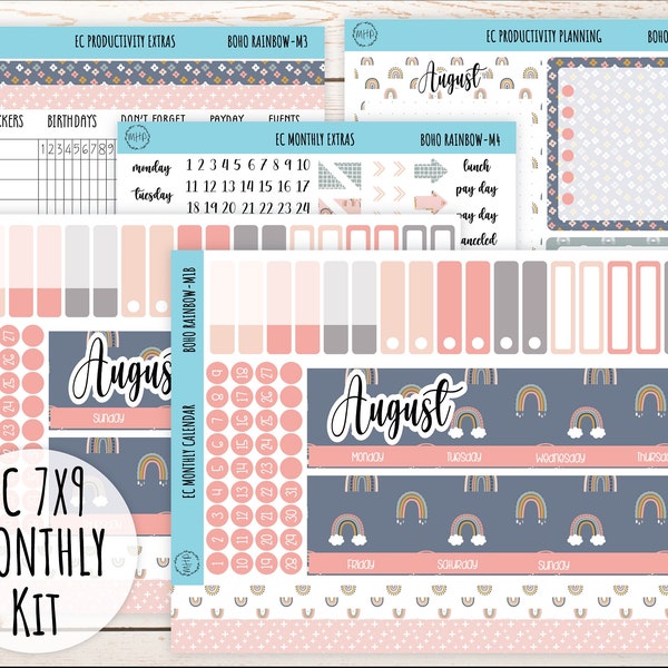 Erin Condren 7x9 Monthly Kit. AUGUST  "Boho Rainbow" Planner Stickers || BR-M