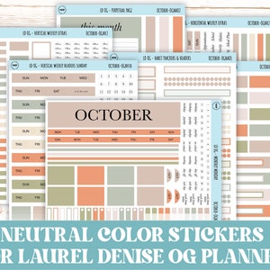 Pegatinas de colores neutros para planificadores Laurel Denise de tamaño original, horizontales y verticales. OCTUBRE // OGNOCT