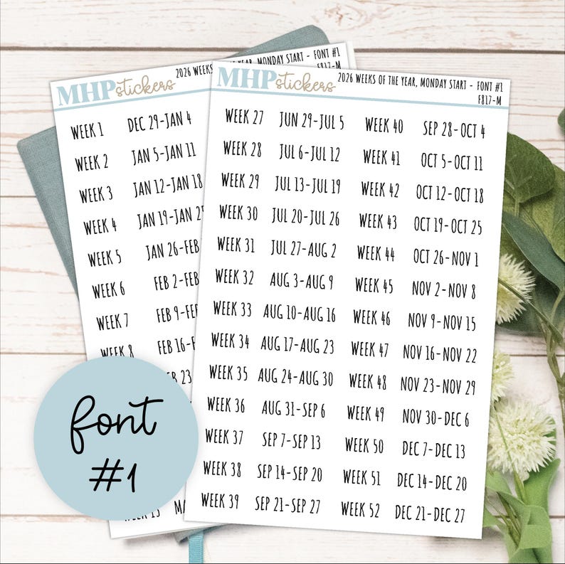 Week Numbers Stickers 2026 Weeks of the Year Stickers MONDAY START for Planners and Bullet ...