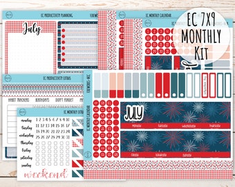 Erin Condren 7x9 Monthly Kit. JULY  &quot;Fireworks&quot; Planner Stickers || F-M