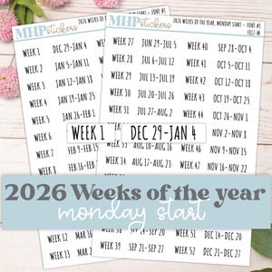 2026 Weken van het jaar-stickers MAANDAG START voor planners en Bullet Journals. || F809