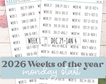 2026 Wochen des Jahres Aufkleber MONTAG BEGINN für Planer und Bullet Journals. || F809
