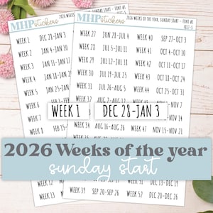 2026 Weken van het jaar-stickers SUNDAY START voor planners en Bullet Journals. || F809