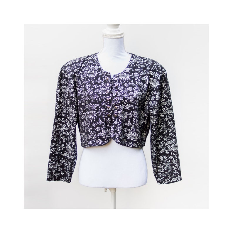 80s Vintage Black and Silver Paisley Print Crop Blazer Jacket Size L Large