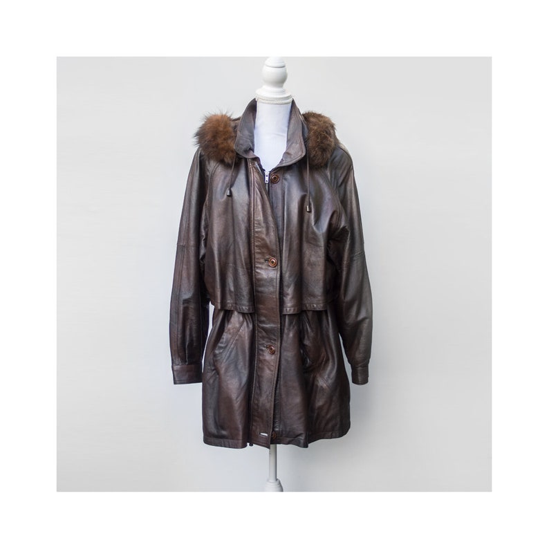 leather coat with fur hood