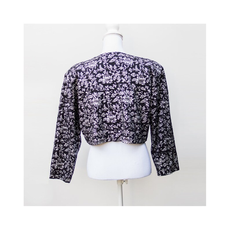 80s Vintage Black and Silver Paisley Print Crop Blazer Jacket Size L Large