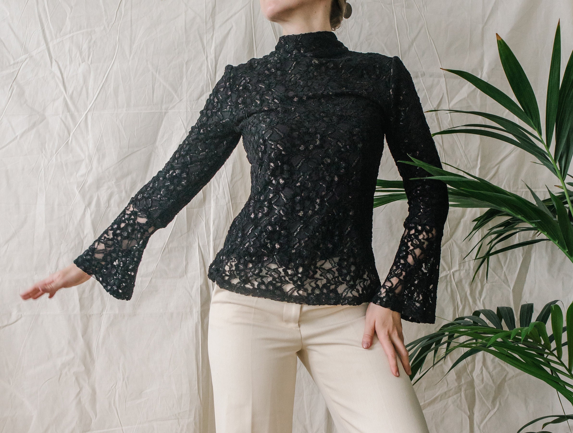 KittyGoneBad Vintage Black Lace Turtleneck Top with Flare Belled Sleeve - Size M Medium A01