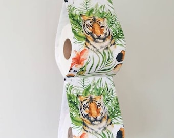 Toilet paper Holder, tiger in jungle, Palms leafs  green print fabric at 2 - 3 roll. Bathroom storage.