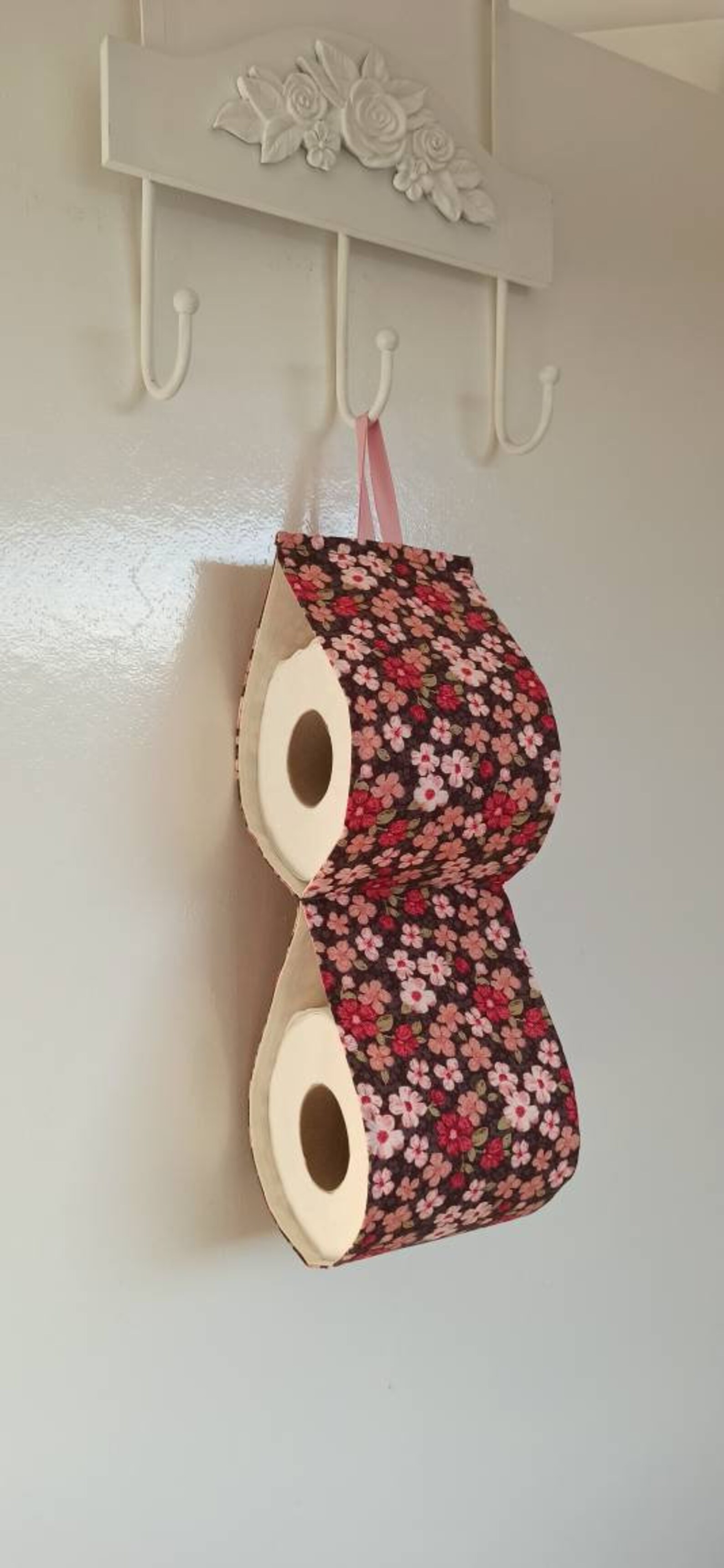 Fabric toilet paper holder storage brown with pink flowers Etsy Polska