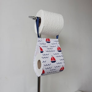 Nautical bath decor. Home sea bath. White Fabric toilet roll holder storage. Camper storage. Hanging storage.