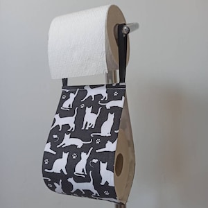 Bath fabric storage toilet paper holder for  1 roll  - black fabric white cats/ storage/home decor/ bath. cat lovers gift NO METAL STAND