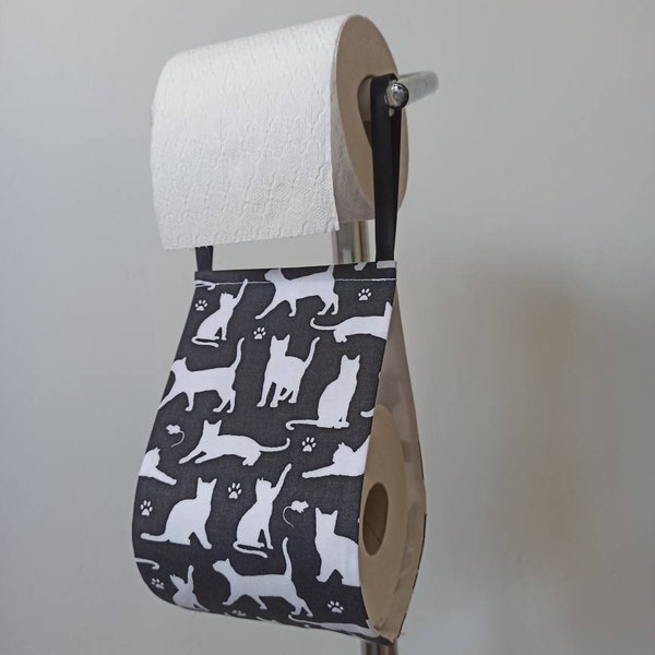 Bath storage toilet paper holder for 2 - 1 roll  - black fabric white cats/ storage/home decor/ bath. cat lovers gift NO METAL STAND