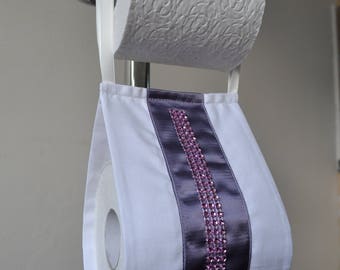 The decorative toilet paper holder storage with fabric- white with purple ribbon and pink  diamonds