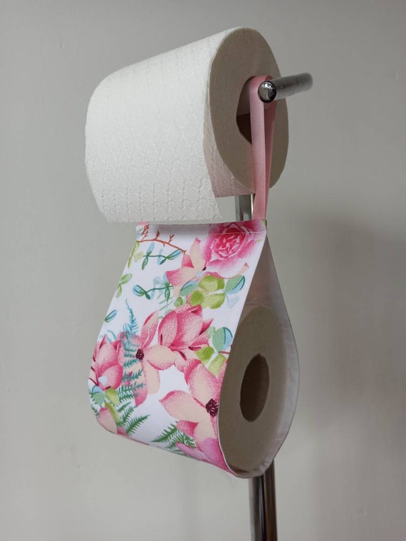 Fabric toilet roll holder. bathroom storage. Caravan toilet holder. home decor. Printed pink flowers