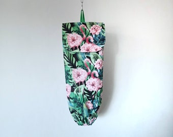 Green monsters, pink flamingo fabric plastic carrier bags holder storage with flap. Bags dispenser. Kitchen storage.