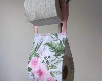 Fabric tissue holder storage, toilet roll holder, guest WC, Pink flowers decor, small bath furniture