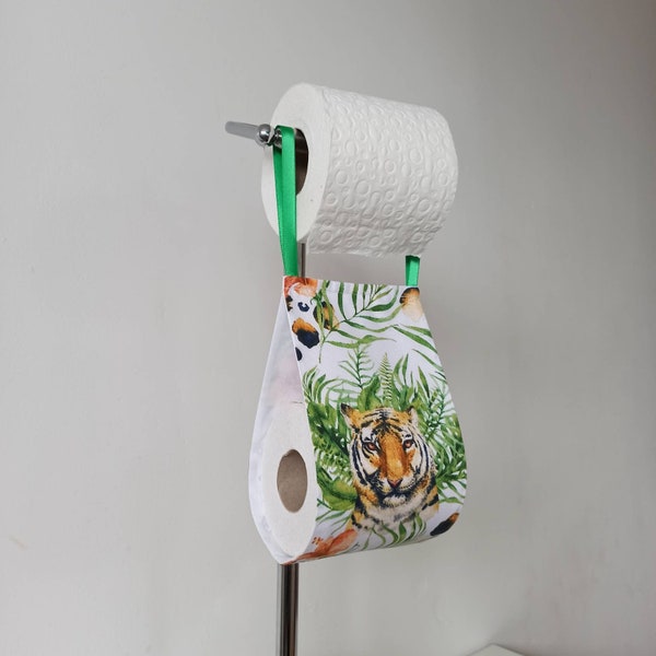 Jungle home decor, fabric toilet roll holder storage, printed Tiger, tropical bath, bath storage