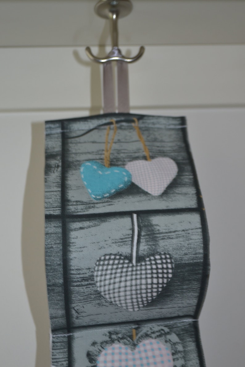 Bathroom storage. Fabric Toilet paper Holder. Door hanger. Storage at the wall / at 2 or 5 rolls / grey with blue hearts. image 3