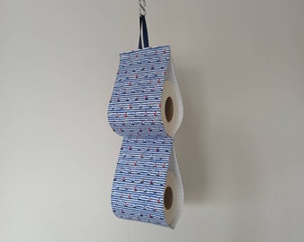 Nautical bath decor. Small bath storage. Tissue dispenser. Fabric toilet paper cover. Blue boat