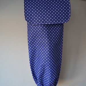 Grocery bag. Handmade navy with white polka dots fabric plastic carrier bag holder storage with flap.Grocery Bag Holder . Bag Dispenser