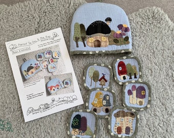 Applique Tea Cosy & Mug Rugs - Mushroom Village motifs, full patterns and instructions