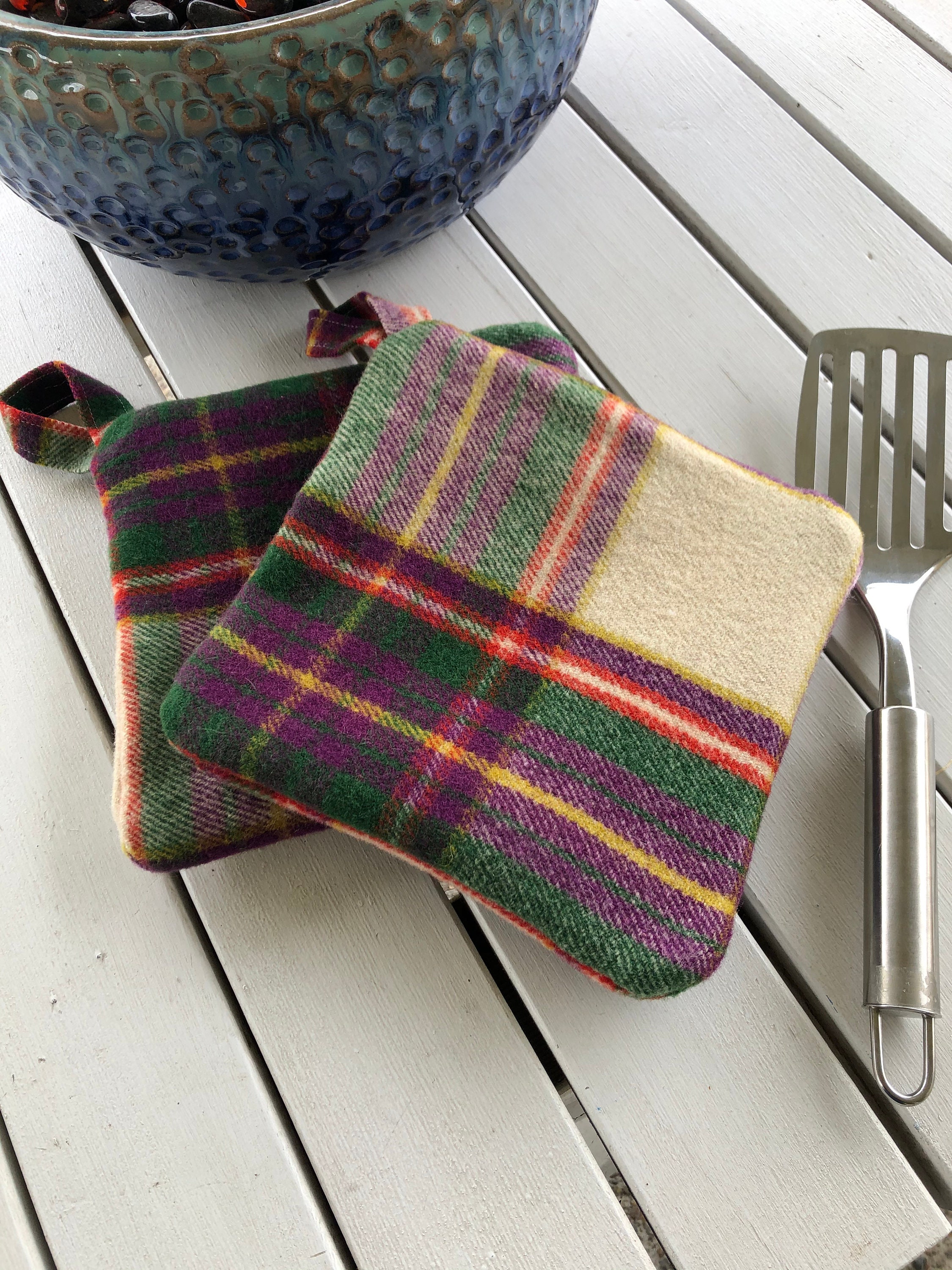 Wool potholders set of 2 pockets plaid wool kitchen gift Etsy