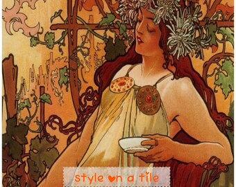 BEAUTIFUL ALPHONSE MUCHA SPRING DESIGN TILE TEAPOT PLANT STAND COASTER