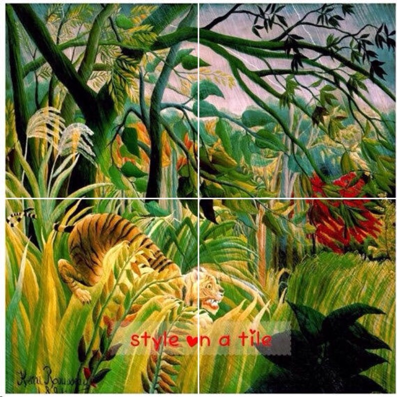 Lovely Henri Rousseau Tiger Cat in a Storm Surprised 4 x 4.25 or 108mm ceramic tile mural mosaic wall art splash back