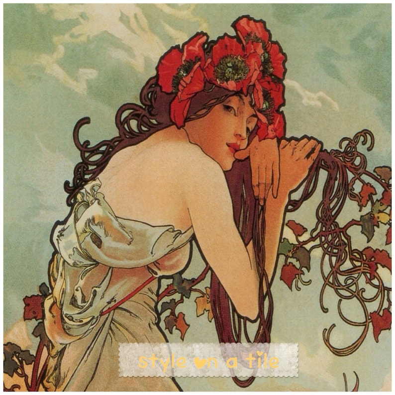 BEAUTIFUL ALPHONSE MUCHA SPRING DESIGN TILE TEAPOT PLANT STAND COASTER